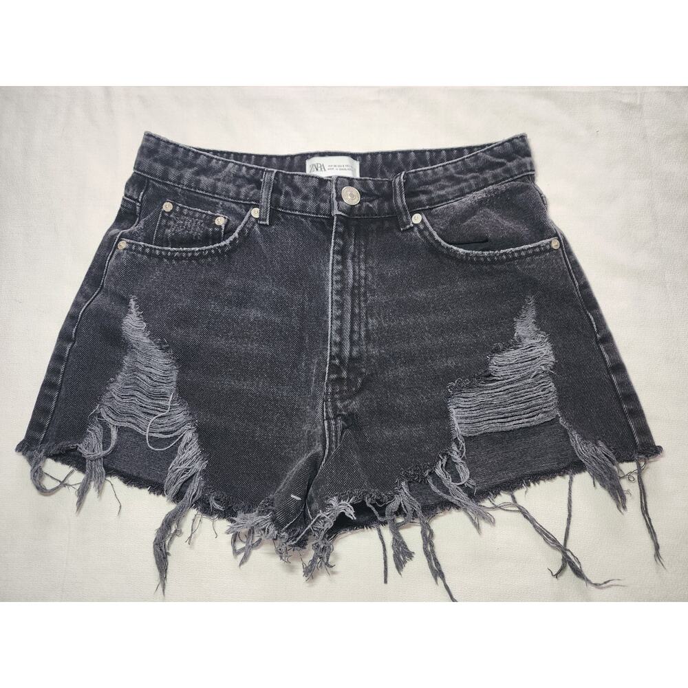 Zara High Rise Distressed Faded Black Denim Shorts Womens Size 6